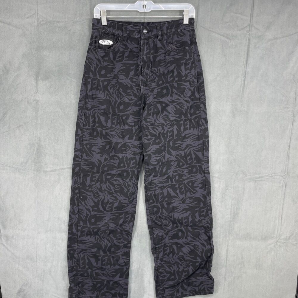 No Fear x H&M High Rise Jeans Womens 6 Black Flames Baggy Y2K Streetwear Cotton